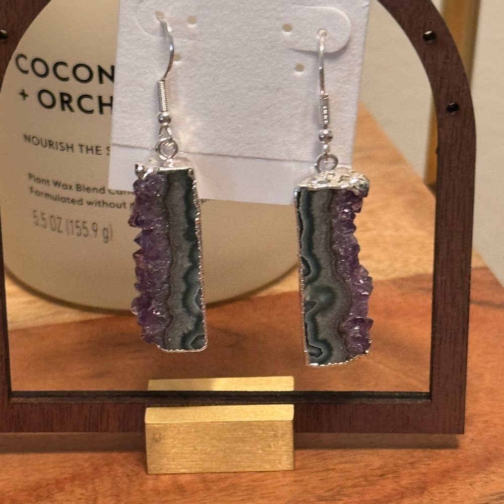 Silver and Purple Stone Earrings with Organic Design